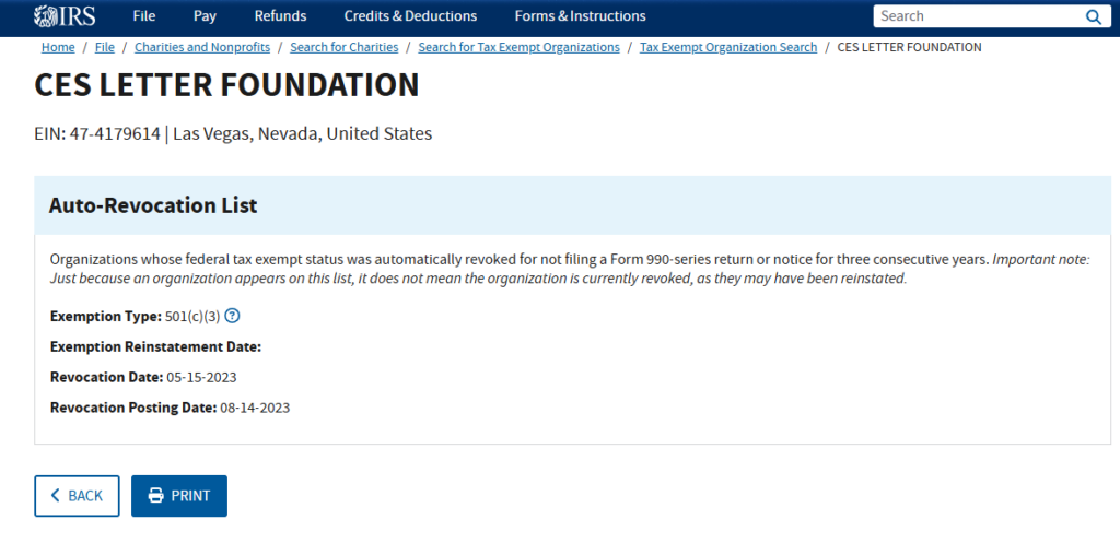 Revocation of CES Letter Foundations Non Profit Status